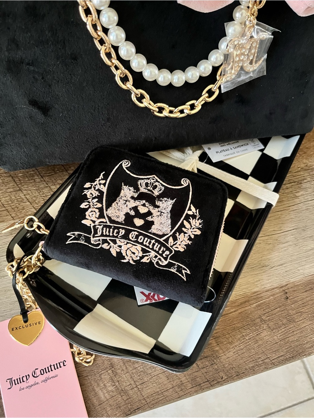Juicy Couture Black Velour Scottie Crest Zip Around Wallet Charm Y2K Aesthetic